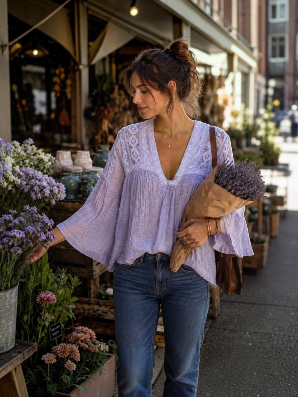 Free People Lavender Gauze Crochet Lace Boho Bell Sleeve Blouse Petite S/P